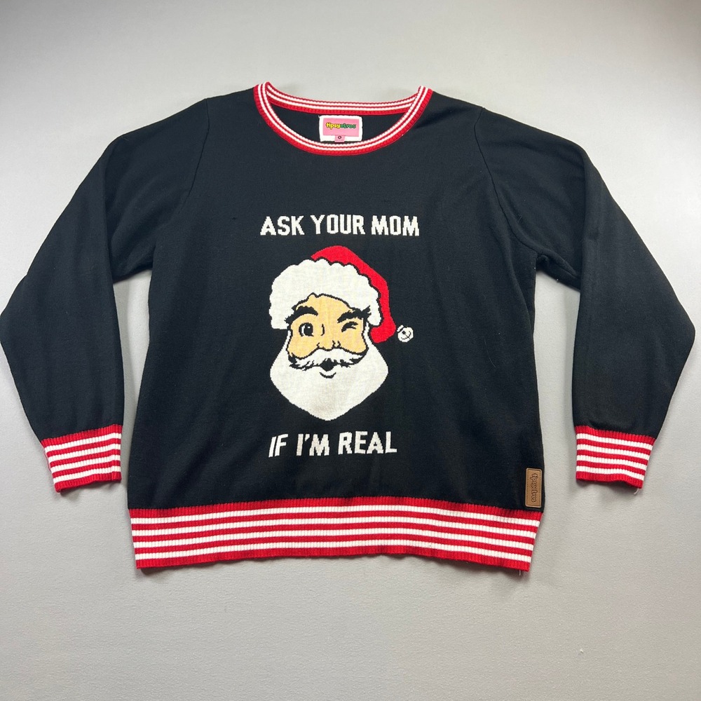 Tipsy Elves Sweater Mens XL Black Winking Santa Ask Your Mom If I'm Real Holiday